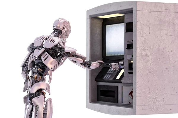 Robot android using an automatic teller machine for cash withdrawal. 3D illustration