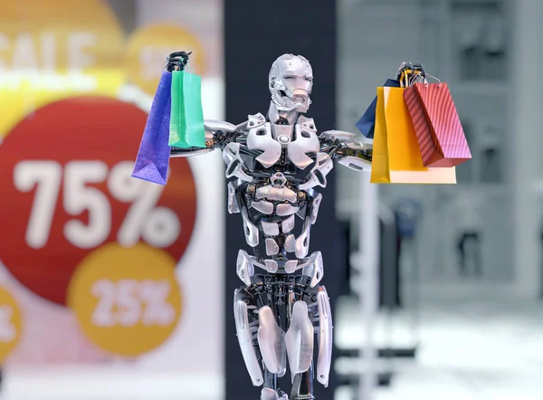 Robot android holding colorful shopping bags next to the shopping mall fashion store with sales advertising lables. Black friday concept.3D illustration