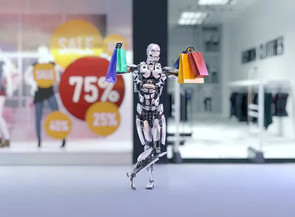 Robot android holding colorful shopping bags next to the shopping mall fashion store with sales advertising lables. Black friday concept.3D illustration