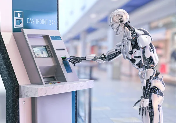 Robot android using an automatic teller machine for cash withdrawal. 3D illustration