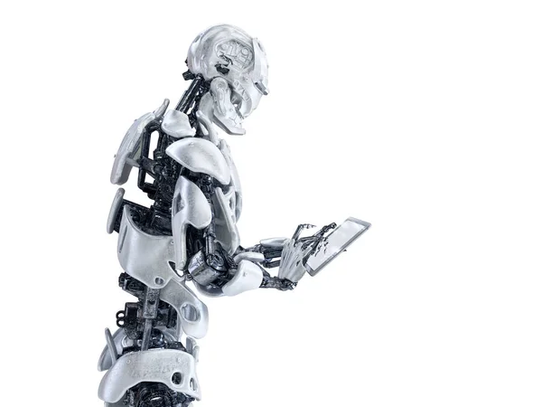 Robot sosteniendo tableta digital. Concepto de tecnología androide, humanoide o cyborg. Ilustración 3D . —  Fotos de Stock
