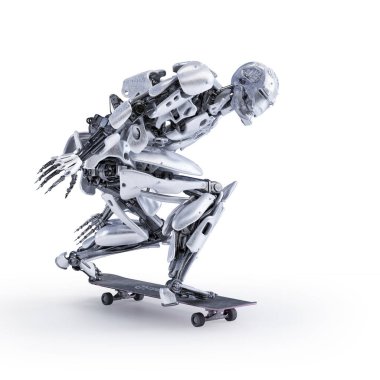 Kaykay, üzerinde beyaz izole robot kaykaycı. Aktif yaşam kavramı. 3D çizim