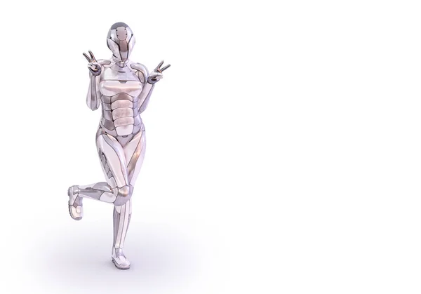 Robot femenino juguetón haciendo una doble señal de victoria. Concepto de tecnología de inteligencia artificial androide, humanoide o cyborg. Ilustración 3D —  Fotos de Stock