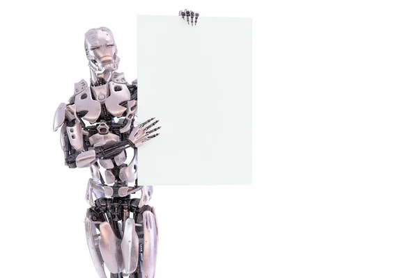 Robot androide cyborg macho de pie y sosteniendo hoja de papel en blanco maqueta. Concepto publicitario. Elemento de diseño. Ilustración 3D —  Fotos de Stock