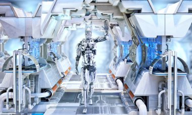 Robot bir el sallayarak Merhaba de. Android, insanımsı veya cyborg yapay zeka teknoloji kavramı. Fütüristik bilim kurgu öğesi. 3D çizim