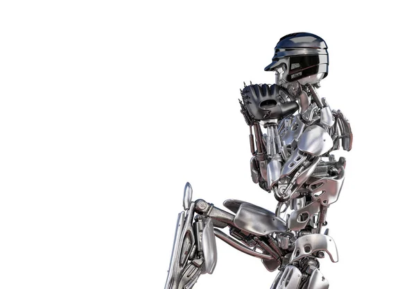 Robot jugador de béisbol en acción, aislado. Concepto de tecnología de inteligencia artificial robot Cyborg. Ilustración 3D —  Fotos de Stock