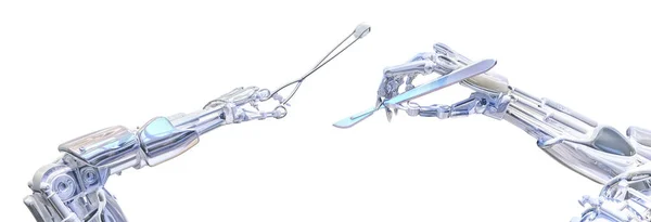 Cirujano manos robot sosteniendo herramientas de cirugía. Futuro concepto de cirugía robótica. Ilustración 3D de tecnología robótica —  Fotos de Stock