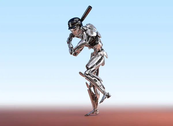Robot giocatore di baseball. Il concetto di integrazione robotica umana e cyborg. Tecnologia robotica Illustrazione 3D — Foto Stock