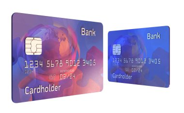 Gerçekçi detaylı kredi kartları ile renkli soyut tasarım. 3D çizim