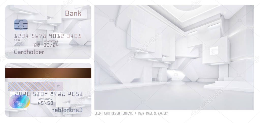 Contactless credit card design with high resolution main image separately. Front and back template. 3D illustration