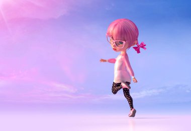 Çocuklar parkta oynarken bir sevimli çizgi kız Illustration. Komik çizgi film çocuk karakteri gözlük ve pembe anime kıllar ile küçük bir kawaii kızın. Kırpma yolu. 3D render