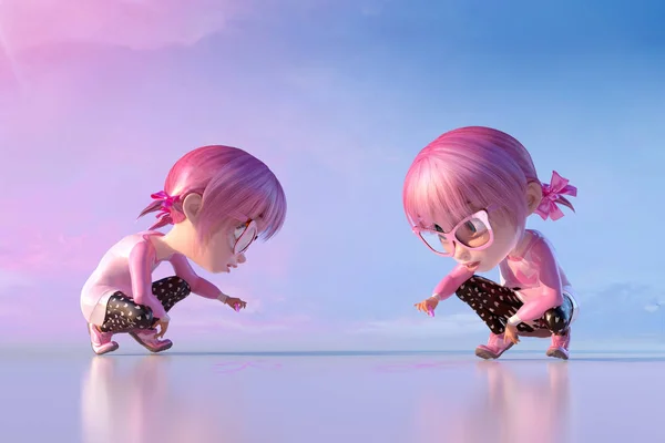 Cheerful kid girl jumping outstretched arms, two poses. Funny child cartoon  character of a kawaii child girl with glasses and pink anime hairs. Freedom  and happy childhood concept. 3D render Stock Illustration