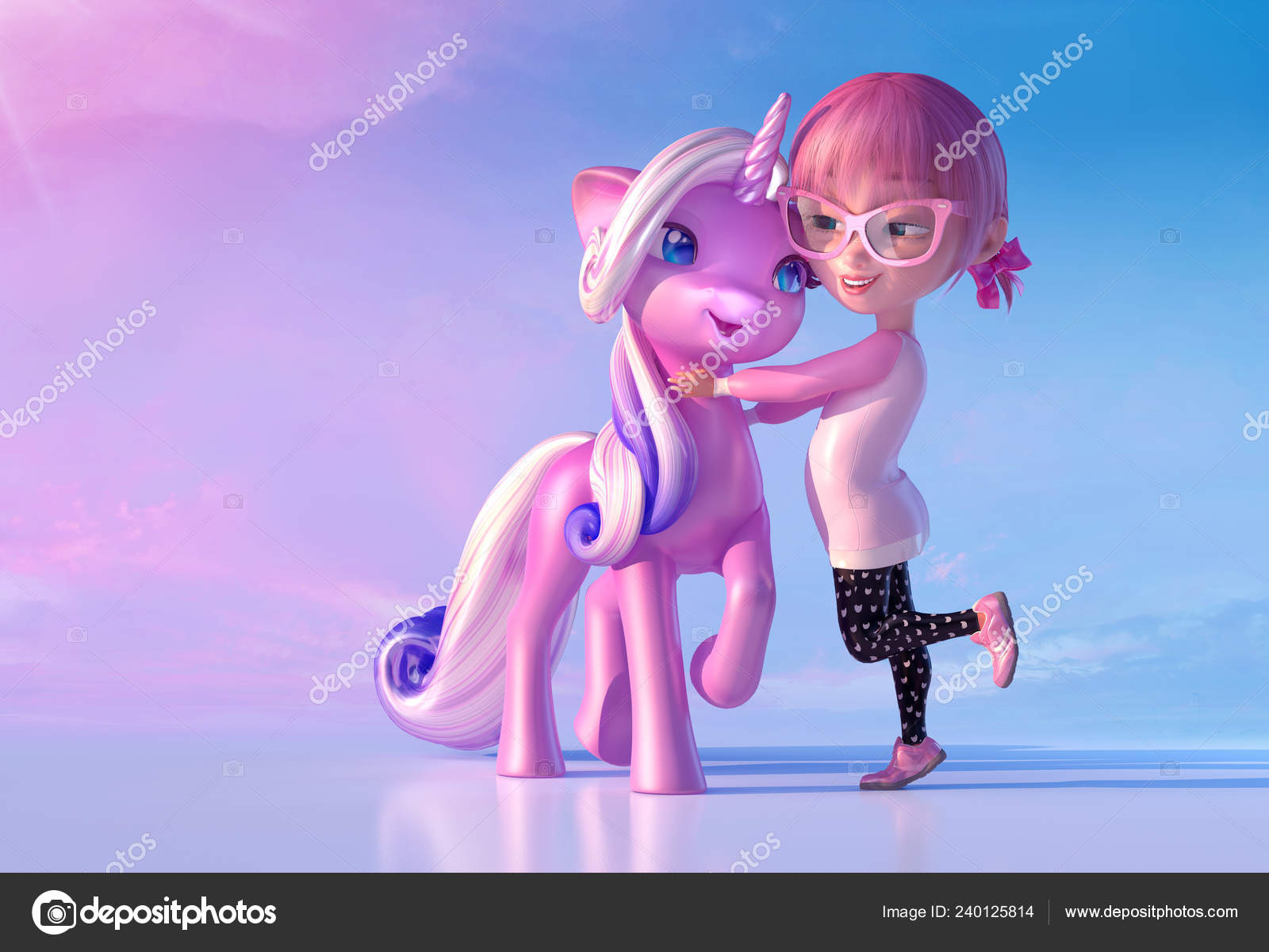 Cheerful smiling cute cartoon girl playing and hugging magical unicorn  baby. Funny cartoon kid characters of a little kawaii girl and unicorn.  Fairytale and dreaming concept. 3D render Stock Photo by ©