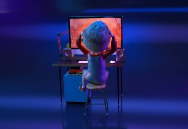 Dissapointed çocuk çocuk oyun video pc bilgisayar oyunundan hikâyesinin kafasını kapma. Çocuk çizgi film karakteri küçük çocuk oyun. Oyun kavramı. 3D render