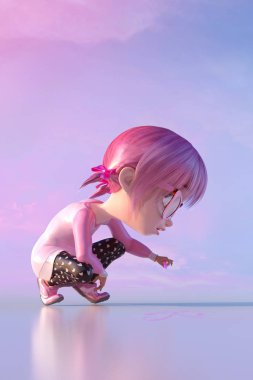 Sevimli çizgi kız çocuk oyun alanı üzerinde tebeşir boya kalemi ile çizin. Komik çizgi film karakteri ile gözlük ve tebeşir mum boya onun elinde küçük bir güzel çocuk. 3D render