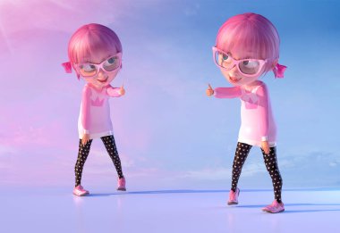 Yukarı işareti jest gösterilen sevimli neşeli gülümseyen çizgi film kız. Komik çizgi film çocuk karakteri gözlük ve pembe anime kıllar ile küçük bir kawaii kızın. İki teşkil etmektedir. 3D render