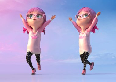 Mutlu bir çocukluk kız uzanmış kollarıyla, iki teşkil etmektedir. Kawaii güzel bir kızla gözlük ve pembe anime kıllar komik çocuk çizgi film karakteri. Özgürlük ve mutlu çocukluk kavramı. 3D render