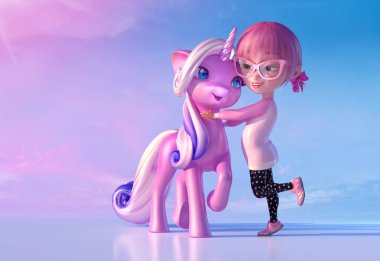 Oynama ve sihirli unicorn bebek sarılma neşeli gülümseyen sevimli çizgi kız. Komik çizgi film çocuk karakterleri biraz kawaii kız ve tek boynuzlu at. Peri masalı ve rüya kavramı. 3D render