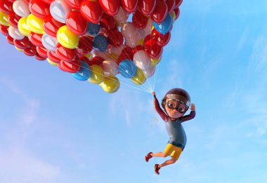 Mutlu çocuk çocuk having oyunculuk ile hava balon uçan. Komik çocuk çizgi film karakteri vintage havacı gözlük ve kask ile küçük çocuk. Özgürlük ve mutlu çocukluk kavramı. 3D render