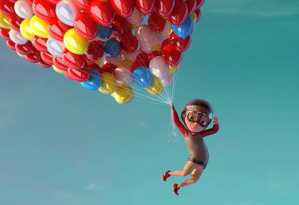 Happy kid boy having fun flying up with air ballons. Funny child cartoon character of little boy with vintage aviator glasses and helmet. Happy childhood concept. 3D render — Stock Photo, Image