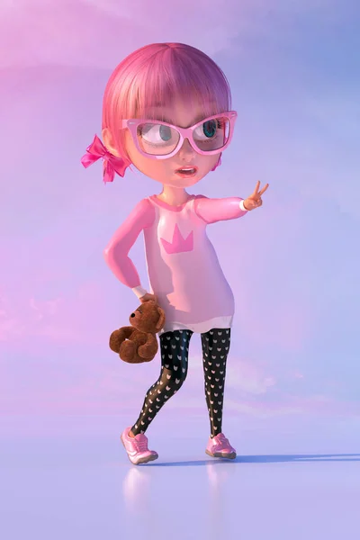 Cute cheerful smiling cartoon girl showing thumb up sign gesture. Funny  cartoon kid character of a little kawaii girl with glasses and pink anime  hairs. Two poses. 3D render Stock Illustration