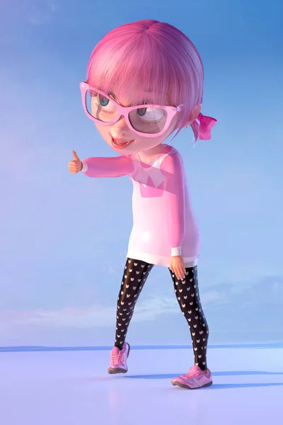 Linda chica alegre caricatura sonriente que muestra el gesto signo de pulgar hacia arriba. Divertido personaje infantil de dibujos animados de una pequeña chica kawaii con gafas y pelos de anime rosa. Renderizado 3D — Foto de Stock