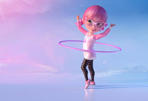 Cute cheerful smiling cartoon girl rotates hula hoop. Funny cartoon kid character of a little kawaii girl with glasses and pink anime hairs playing exercising with hoola hoop. Clipping path. 3D render