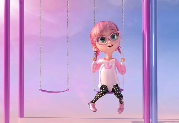 Illustration of a cute cartoon smiling girl swinging on swing on kids playground. Funny cartoon character of a little pretty girl with glasses and pink anime hairs. Clipping path. 3D illustration.
