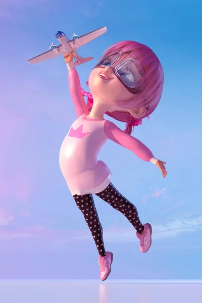 Cheerful smiling cute cartoon girl playing with toy airplane. Funny cartoon kid character of a little kawaii girl with glasses and pink kawaii hairs dreaming about travel.  3D render