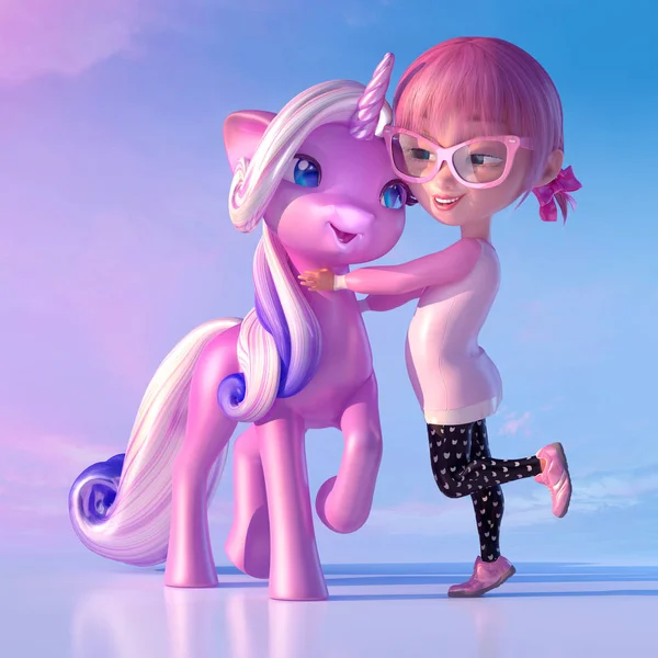 Cheerful smiling cute cartoon girl playing and hugging magical unicorn baby. Funny cartoon kid characters of a little kawaii girl and unicorn. Fairytale and dreaming concept.  3D render