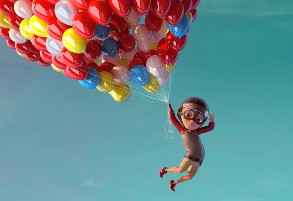 Gelukkig kind jongen plezier opvliegende met lucht ballons. Grappige kind stripfiguur van kleine jongen met vintage aviator brillen en helm. Gelukkige jeugd concept. 3D render Stockafbeelding