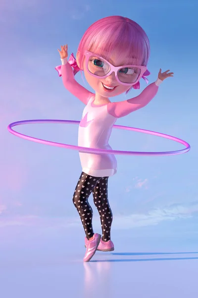 Симпатичная весёлая улыбающаяся мультяшная девушка вращает обруч хула. Смешной мультяшный ребенок персонаж маленькой девочки Кавайи в очках и розовых волосах аниме, играющий с обручем. 3D рендеринг Лицензионные Стоковые Фото