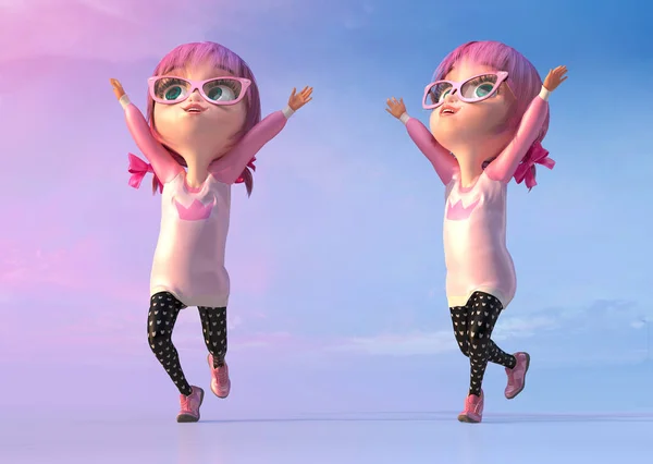 Счастливая девочка с вытянутыми руками, две позы. Забавный детский мультфильм о симпатичной девочке с очками и розовыми волосами. Свобода и счастливое детство. 3D рендеринг Стоковое Изображение