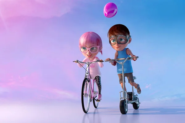 Маленькие друзья играют и веселятся вместе. Симпатичный веселый улыбающийся мультик про девочку, катающуюся на велосипеде, и мальчика, катающегося на скутере. Счастливого детства и дружбы. 3D рендеринг Стоковое Изображение