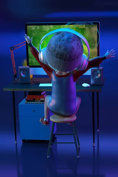 Szczęśliwy chłopiec wygranej gracza podczas gry wideo na komputerze pc. Postać z kreskówki śmieszne dziecko mały chłopiec noszenia słuchawek. Gier i szczęśliwe dzieciństwo koncepcja. renderowania 3D Obrazek Stockowy
