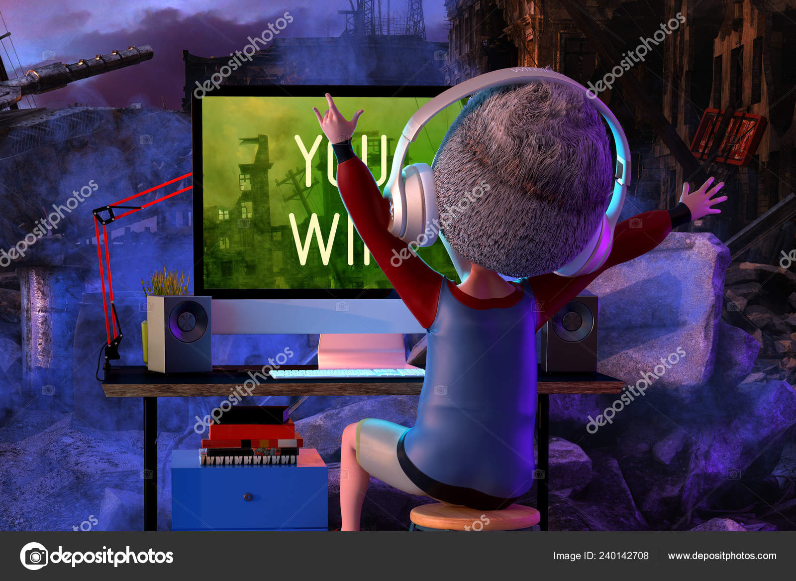 Happy kid boy gamer imagine winning real battle while playing video game on  pc computer. Funny child cartoon character of little boy wearing  headphones. Virtual gaming concept. 3D render Stock Photo by ©