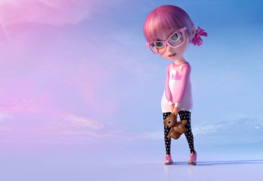 Çocuk oyun alanı üzerinde kabarık oyuncak ayı oyuncak sevimli çizgi kızla Illustration. Komik çizgi film çocuk karakteri gözlük ve pembe anime kıllar ile küçük bir kawaii kızın. 3D render