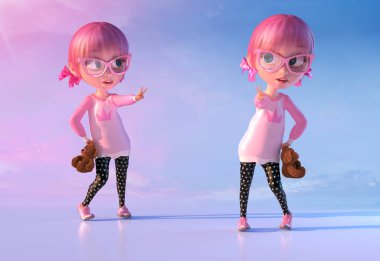 Sevimli çizgi kız tutmak kabarık oyuncak ayı oyuncak ve iki parmak zafer işareti gösteriliyor. Komik çizgi film çocuk karakteri gözlük ve pembe anime kıllar ile küçük bir kawaii kızın. Kırpma yolu. 3D render