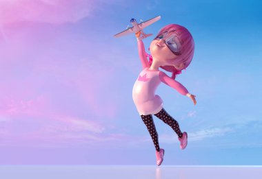 Neşeli gülümseyen sevimli çizgi kız oyuncak uçak ile oynuyor. Komik karikatür çocuk karakteri bir küçük kawaii kız gözlük ve seyahat hakkında rüya pembe kawaii kıllar. 3D render