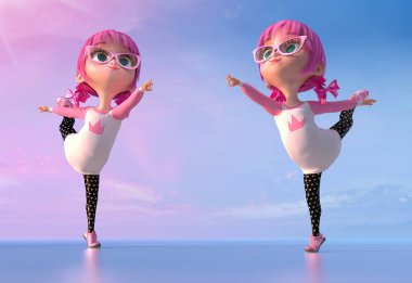 Bale dans zarif sevimli çizgi balerin kız. Kawaii çocuk kızla gözlük ve pembe anime kıllar komik çocuk çizgi film karakteri. Dans ve mutlu çocukluk kavramı. 3D render