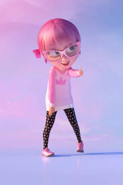 Cute cheerful smiling cartoon girl showing thumb up sign gesture. Funny cartoon kid character of a little kawaii girl with glasses and pink anime hairs. 3D render