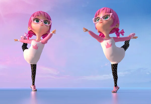 Graceful cute cartoon ballerina girl dancing ballet. Funny child cartoon character of a kawaii child girl with glasses and pink anime hairs. Dancing and happy childhood concept. 3D render