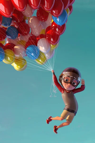 Счастливый мальчик веселится, летая с воздушными шарами. Смешной детский мультяшный персонаж маленького мальчика в винтажных авиационных очках и шлеме. Счастливое детство. 3D рендеринг Стоковая Картинка