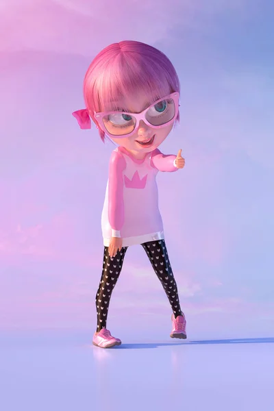 Leuk vrolijk lachende cartoon meisje weergegeven: duim omhoog teken gebaar. Grappige cartoon kid karakter van een klein kawaii meisje met bril en roze anime haren. 3D render Stockfoto