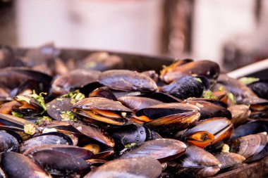 Midye büyük bir tavada, sokak gıda ile gourmands için lezzetli Aperatif