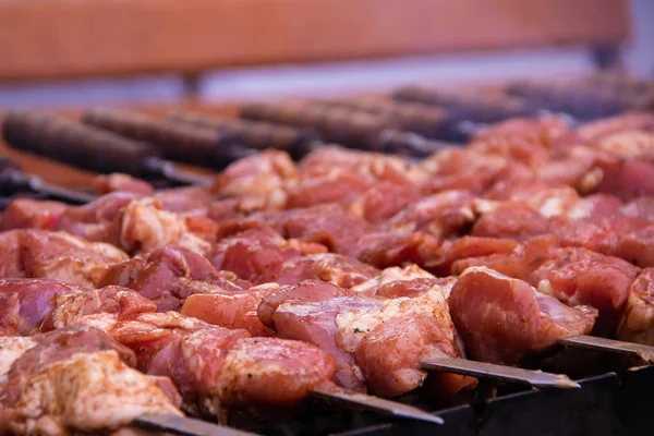 Raw barbecue is cooked on a grill with heat and smoke — Stock Photo, Image