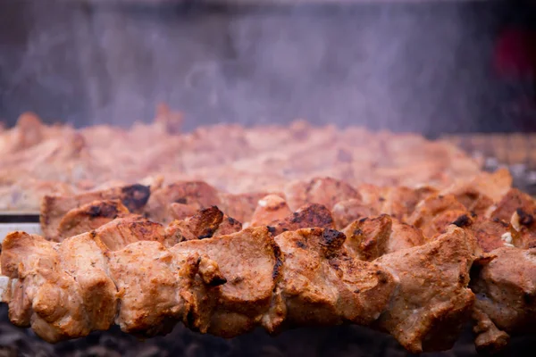 Lezzetli ızgara şiş kebap dumanlı şiş üzerinde
