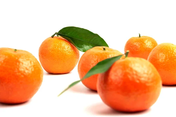 Ripe Orange Tangerines Green Leaves White Background Copyspace One Tangerine — Stock Photo, Image