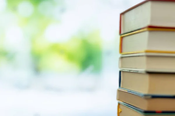 Pila de libros en la sala de la biblioteca y árboles borrosos en la calle volver al concepto de la escuela — Foto de Stock