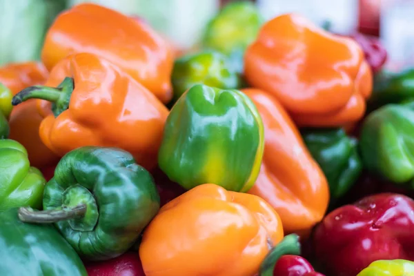 Pimentos doces frescos multicoloridos vendidos no mercado — Fotografia de Stock